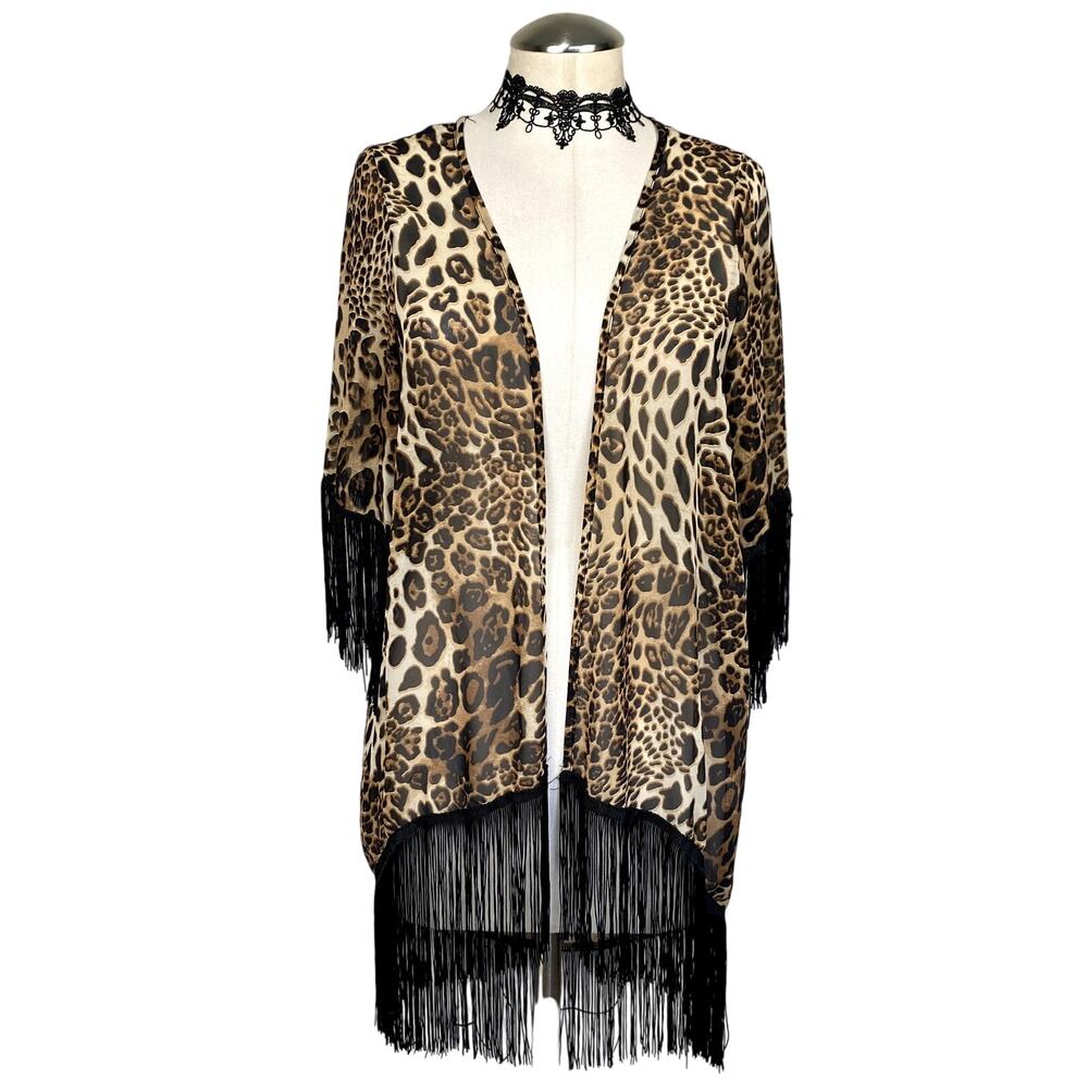 Leopard Print Fringe Kimono Robe - Brown